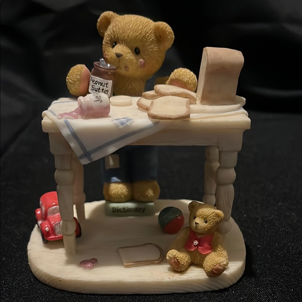 Cherished Teddies Red and Blue Sculpture with Teddy Bear and Miniature Table